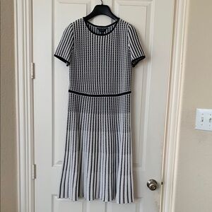 Ming Wang Jewel Neck Striped Flare Soft Knit dress, white and Navy